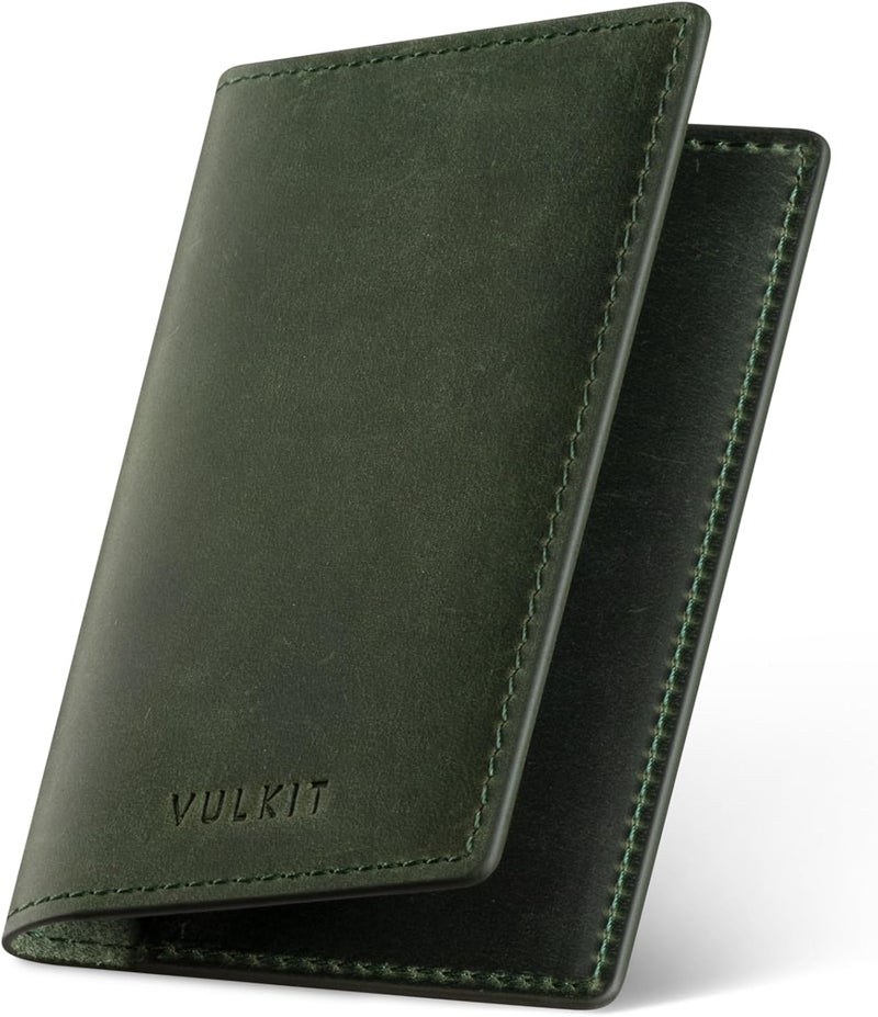 VULKIT حامل بطاقات العمل من الجلد الأصلي مزدوج الجوانب نحيف منظم بطاقات الاسم للرجال أو النساء، يحمل حتى 20 بطاقة (أخضر أصلي) - Image 1